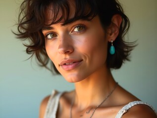 Young woman with turquoise earrings and curly hair is posing