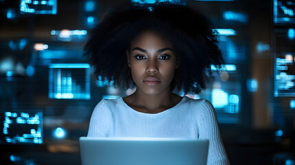 Young black african american it specialist writing code on laptop in office. Virtual technology software development concept with it specialist. Blue holographic figures.