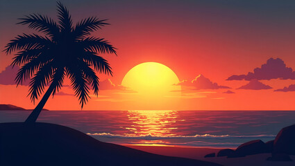 Stunning Palm Tree Silhouette Against Vibrant Sunset Sky Over Ocean - Capturing Tropical Tranquility in Minimalist Design with Ample Empty Space for Photo Stock Use
