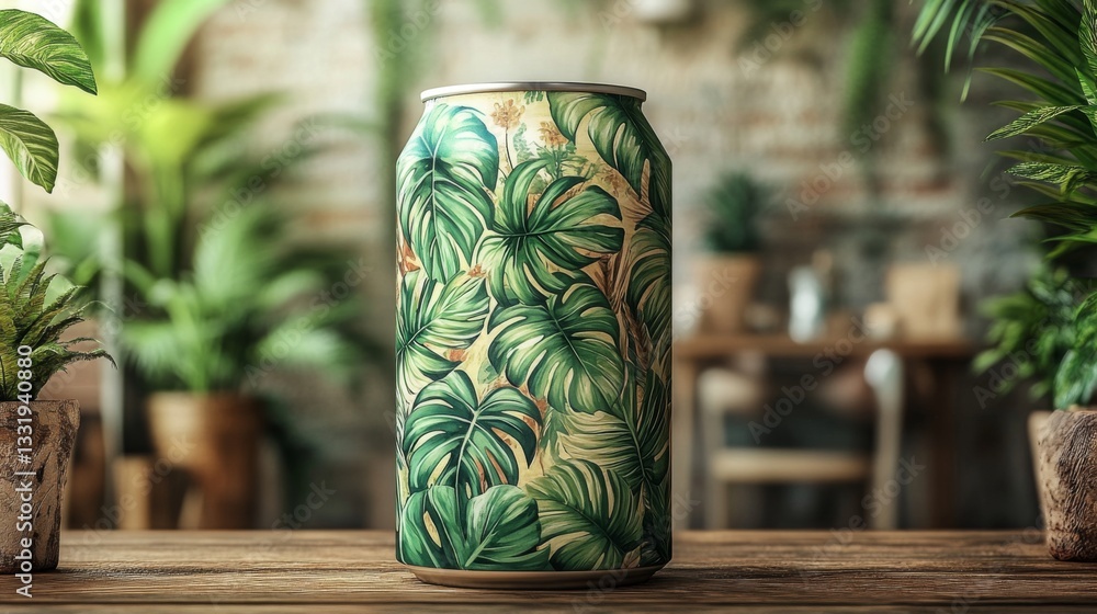 Aufkleber a beautifully designed can adorned with tropical leaf patterns is displayed on a wooden table. the b