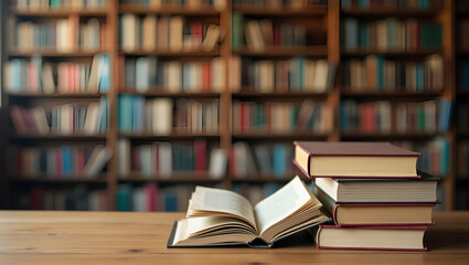 Piles of Books on Table with Blurred Library Background: A Perfect Academic Study Environment and Organized Book Arrangement for Stock Photo Concepts with Empty Space for Text