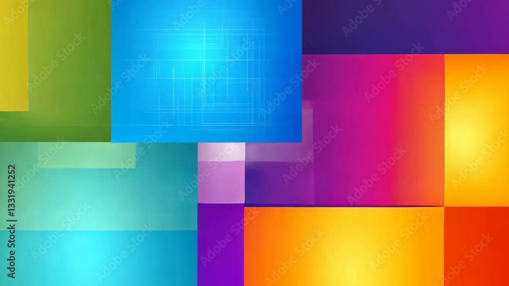 Poster vibrant abstract composition featuring overlapping colorful squares and rectangles in shades of yell