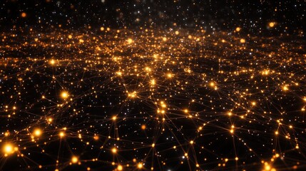 Fototapeta premium Golden network connections forming a constellation-like pattern on a dark background.