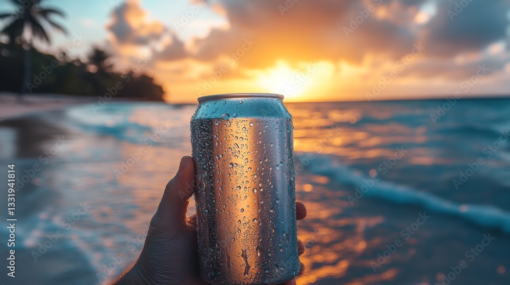 Poster a person enjoys a cold drink while watching the sun set over the ocean. waves gently lap at the shor