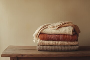 Cozy autumn sweaters stacked on wooden table against beige wall