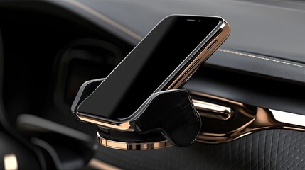 Obraz premium Smartphone in luxury car mount on dashboard with sleek modern interior design