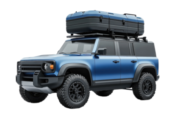 A Bold Blue Suv Ready For Adventure, Equipped With A Rooftop Cargo Box For Exploring Distant Lands, Showcasing Its Rugged Design And Powerful Stance Against A Clean White Backdrop Isolated on Transpar