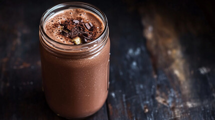 Delicious chocolate smoothie recipe in glass jar dark background food cold milk drink brown sweet