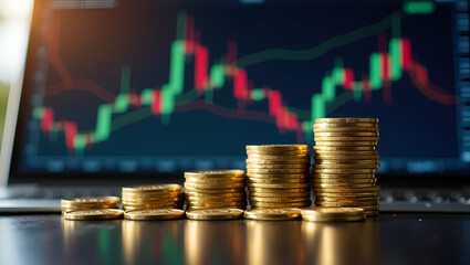 Stacked Gold Coins with Stock Market Graph: Financial Investment Concept