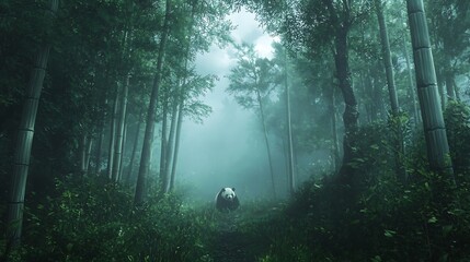 Obraz premium Giant Panda rests deep within a dense, mysterious bamboo forest covered in a heavy morning fog.