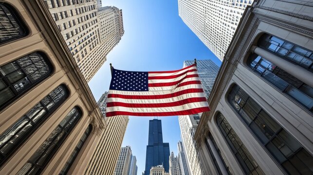 American flag flutters above tall buildings and clear blue sky