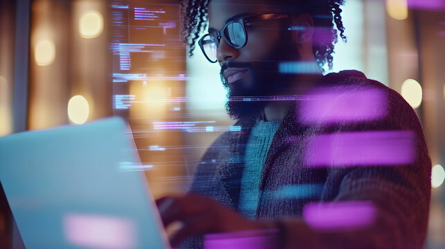 African American man with dreadlocks and glasses, black IT specialist writing code on laptop, purple holographic figures, abstract. Virtual technology software development concept with IT specialist. - Powered by Adobe