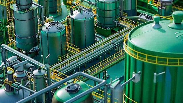 Moderne Industrieanlage mit gr&uuml;nen Tanks und Rohrleitungen