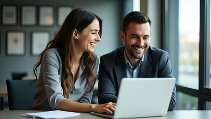 Obraz premium Two Professional Colleagues Collaborate on Corporate Technology in Modern Office - Stock Photo