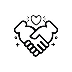Handshake heart icon. Outline stroke style. Line vector, isolated on white background