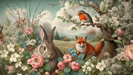Selbstklebende Fototapeten Illustration of Fox, Birds, and Other Wildlife in a Spring Setting © Adje