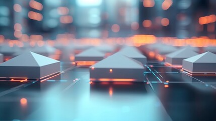 Abstract futuristic cityscape with geometric shapes, illuminated by vibrant orange and blue lights, showcasing a technological network.