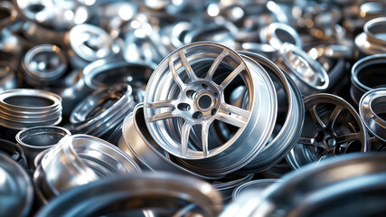 Large pile of automotive scrap, aluminum car rims ready for recycling. Image shows recyclable nature of aluminum scrap and emphasizes its value in recycling, especially in automotive industry