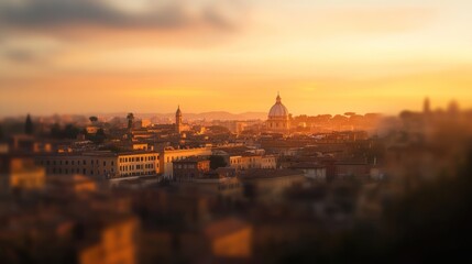 Fototapeta premium Golden sunset over cityscape, blurred background highlighting a dome-shaped building.