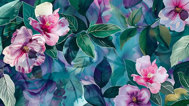 Blumenmuster mit farbigen tropischen Bl&auml;ttern