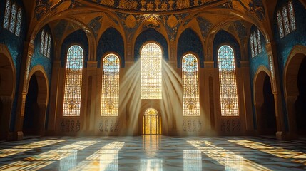 Obraz premium Grand Hall, Sunlight Through Stained Glass Windows