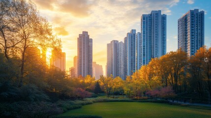 Obraz premium A scenic view of a park with tall buildings at sunset