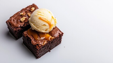 Rich chocolate brownies topped with creamy vanilla ice cream and