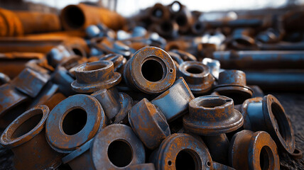 Pile of rusty steel scrap materials, including steel drain parts, flats, and rounded scrap. Value of recycling steel scrap for reuse and its potential for sustainable repurposing in metal industry