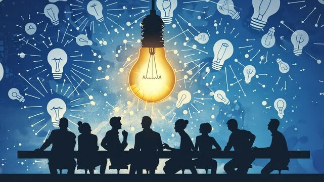 Menschen diskutieren unter einer leuchtenden Gl&uuml;hbirne