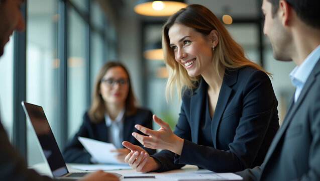 Busy happy business woman professional bank manager lawyer attorney consulting client on finances management. Female executive speaking to colleague working at office corporate meeting vertical. conce