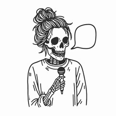 Female Skeleton messy bun telling jokes a minimalist vector drawing of a funny, bony comedian.