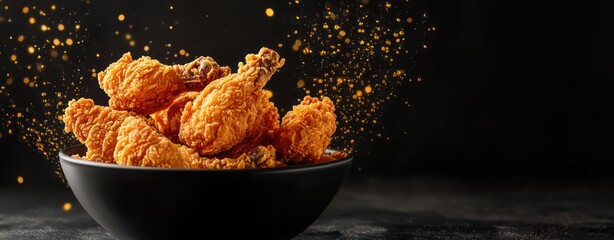Crispy fried chicken drumsticks in bowl, dark background, food photography