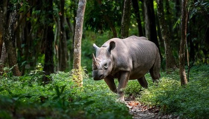 Naklejka premium A rare Javan rhinoceros moves through the thick, dense forest of Southeast Asia’s tropical taiga, its massive body blending with the lush foliage as it navigates the wilderness