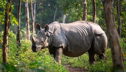 Obraz premium A rare Javan rhinoceros moves through the thick, dense forest of Southeast Asia’s tropical taiga, its massive body blending with the lush foliage as it navigates the wilderness