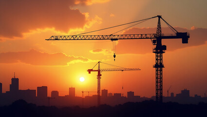 Naklejka premium Construction Crane Silhouetted Against Sunset: 2026 Symbolizing Future Urban Development Projects - Photo Stock Concept with Empty Space for Customization