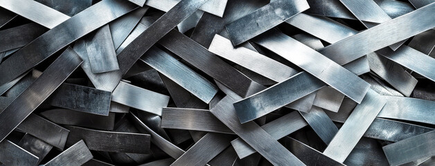 Pile of metal strips, showcasing intricate arrangement of metallic scraps. Strips, having various angles and overlapping shapes, reflect industrial nature of metalworking and recycling processes