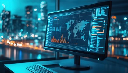 AI Agent Interface Displaying Global Data Analytics in Modern Office