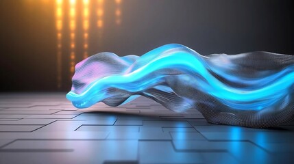 Abstract futuristic flowing fabric form with vibrant blue and pink highlights on a modern tiled floor with spotlights.