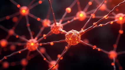 Stunning Photo Stock Concept: Intricate Glowing Red and Orange Atomic Structures Interconnected by Molecular Network Lines with Crystalline Lattice Design and Empty Space for Customization