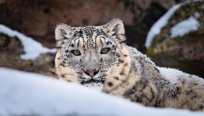 Obraz premium A rare snow leopard with thick white fur and dark rosettes crouches in the rocky terrain of the Himalayas, blending into the environment with keen eyes watching for its prey