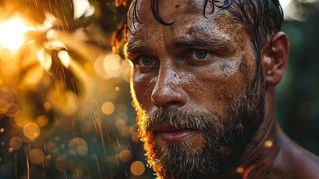 Mann mit ernster Miene im goldenen Licht der Natur