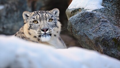 Obraz premium A rare snow leopard with thick white fur and dark rosettes crouches in the rocky terrain of the Himalayas, blending into the environment with keen eyes watching for its prey