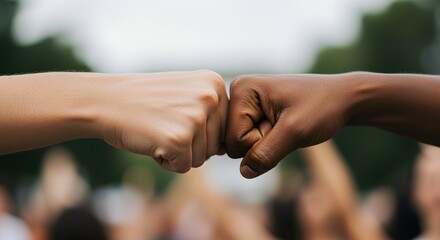 Fototapeta premium Diverse hands fist bumping against blurred green background. Close-up of light and dark skin tones connecting. Unity, friendship. Cultural diversity, anti-racism campaigns, social justice initiatives