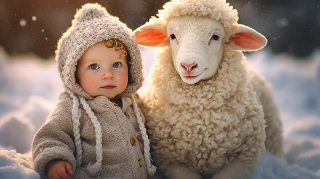 Kleinkind und Lamm kuscheln zusammen im Winter