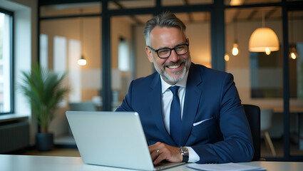 Fototapeta premium Happy Smiling Middle-Aged CEO in Blue Suit Working on Laptop at Office Desk - Portrait Concept with Empty Space for Text in Photo Stock