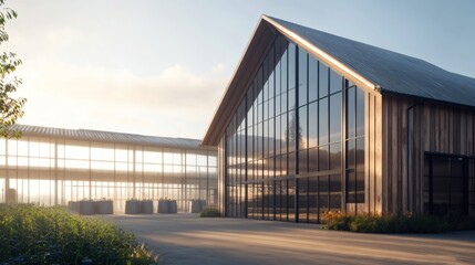 Fototapeta premium A modern building with large glass windows and wood siding