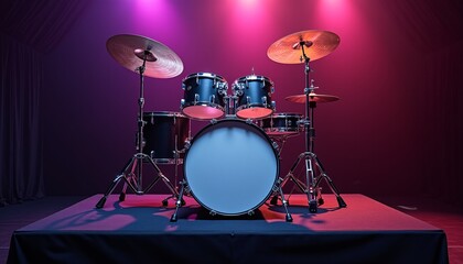 "Drum set mockup with a customizable bass drum skin, placed on a concert stage."