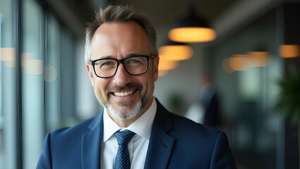 Fototapeta premium Confident Middle-Aged Businessman Executive in Office: Professional Headshot Portrait Showcasing Maturity and Leadership with Empty Space for Customization