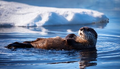 Fototapeta premium A sea otter floats lazily on its back in the icy waters of the taiga, its thick fur keeping it warm as it drifts peacefully, surrounded by snow-covered shores and misty water