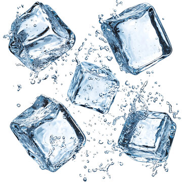 Set of flying melting ice cubes with water droplets isolated on transparent background 